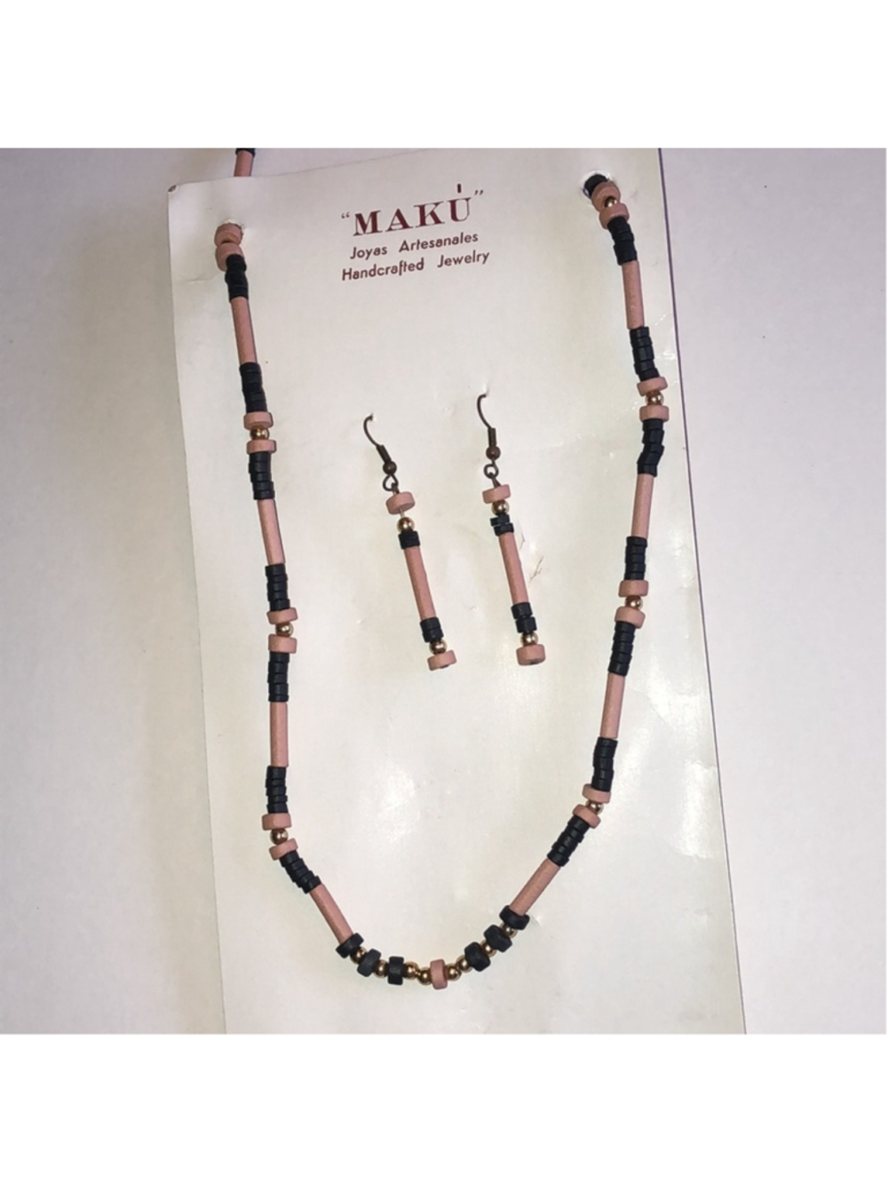 MAKU Pink and Black Pottery Beaded Boho Necklace and Earring Set